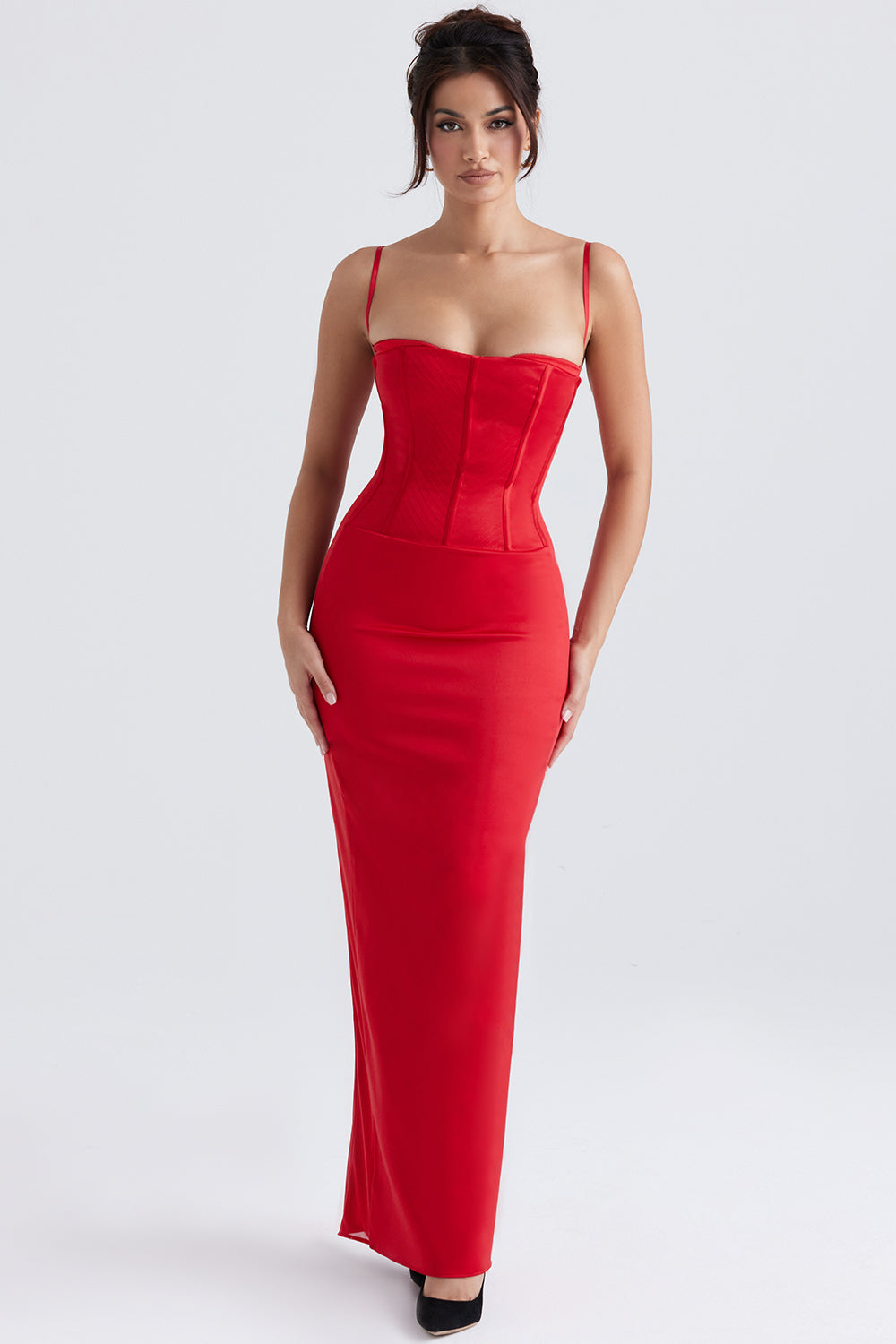 Rotes Korsett Maxikleid aus Satin